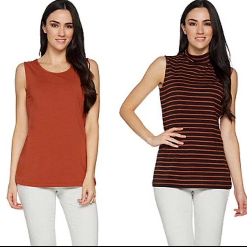 New Susan Graver Weekend Solid & Striped Cotton Modal Set of 2 Tops | Size M